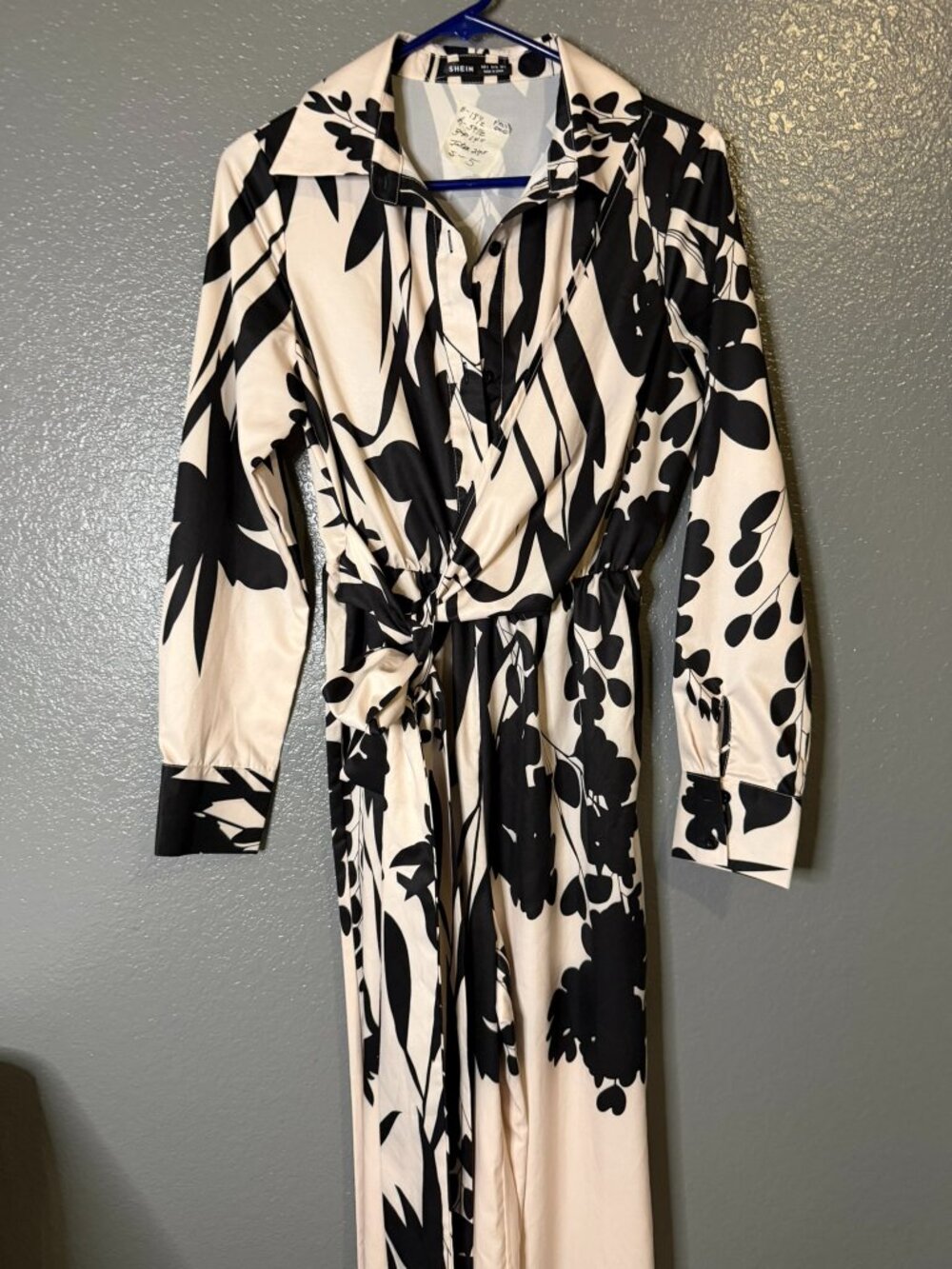 SHEIN Womens S Black White Floral Print Wide Leg Jumpsuit Long Sleeve Belted